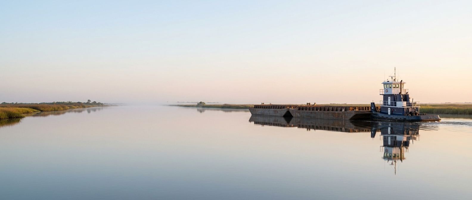A pushboat moving an empty deck barge along a calm, misty waterway at sunrise.