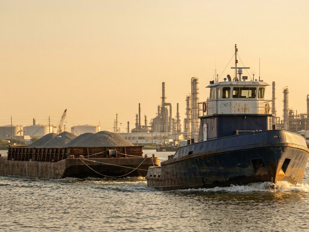 A pushboat moving a loaded hopper barge past a refinery at dusk.