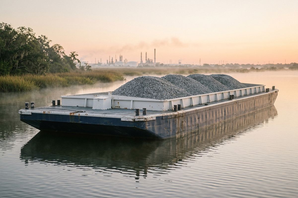 An open hopper barge loaded with crushed stone.