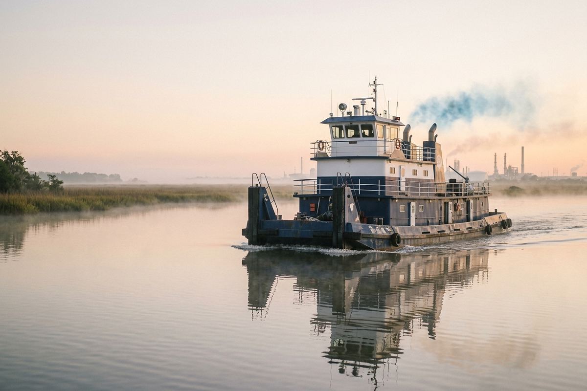 An inland pushboat underway on a marsh waterway.